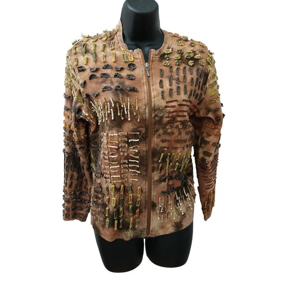 Chicos Brown Multi Color Bohemian Style Detail Zipper Jacket Cotton 0 - Picture 1 of 9